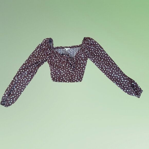 NWT L.A. Hearts-PacSun Cold Shoulder Floral Crop Top Brown/White Size Small - Picture 7 of 11